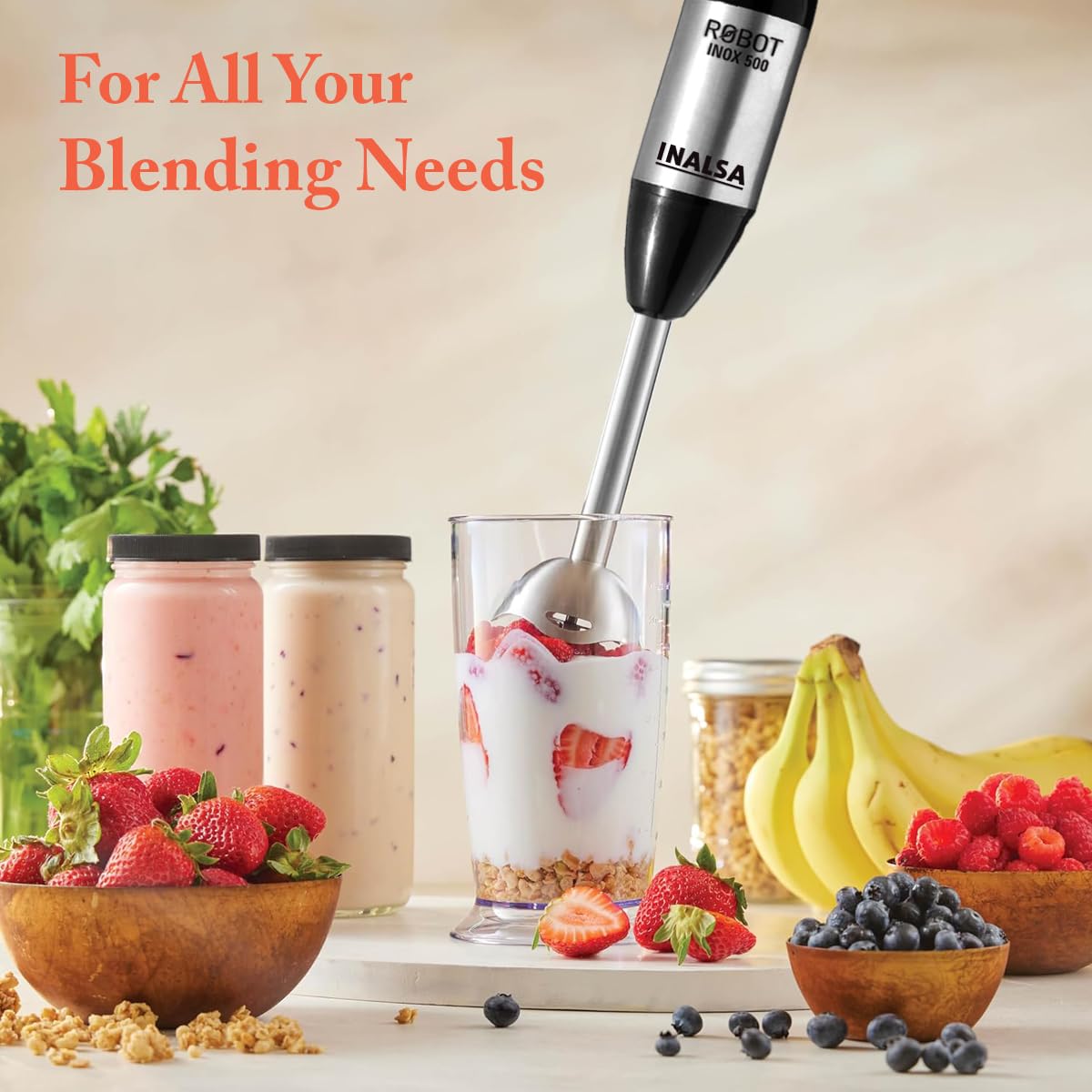 INALSA Stainless Steel Electric Hand Blender with 500W DC Motor|Variable & Turbo Speed|Super Silent|Ultra Sharp SS Blade & Detachable Stem|for Smoothie & Juices,Whip,Chop-RobotInox500,Black/Silver