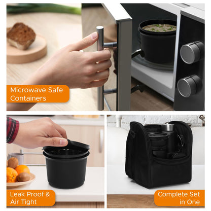 Jaypee Plus Meal Plus 1390 ml Stainless Steel Office Lunch Box | BPA Free, Microwave Safe & Spillproof Airtight 4 Containers | Includes Bottle, Spoon, Fork & Bag | Ideal for College & School (Black)