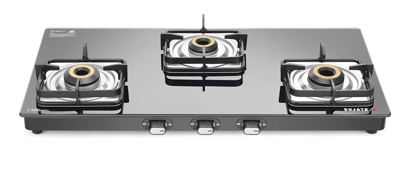 Sujata Gas Stove 3 Burner | Classic Gas Stove Manual Ignition | 9 Years Warranty | 3 Burner Gas Stove Glass Top | SABAF | ISI Certified | LPG & PNG Compatible With Jumbo Brass Burner (Black)