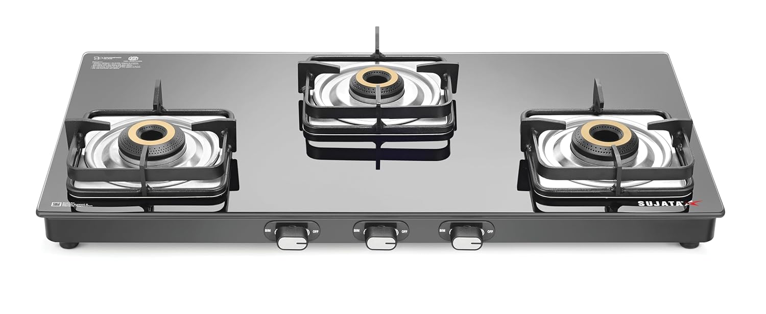 Sujata Gas Stove 3 Burner | Classic Gas Stove Manual Ignition | 9 Years Warranty | 3 Burner Gas Stove Glass Top | SABAF | ISI Certified | LPG & PNG Compatible With Jumbo Brass Burner (Black)