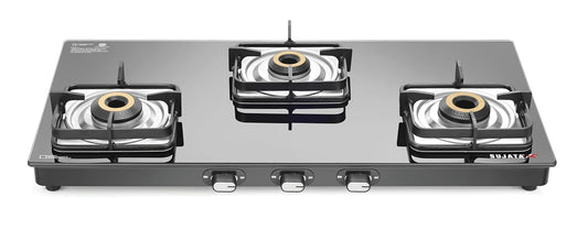 Sujata Gas Stove 3 Burner | Classic Gas Stove Manual Ignition | 9 Years Warranty | 3 Burner Gas Stove Glass Top | SABAF | ISI Certified | LPG & PNG Compatible With Jumbo Brass Burner (Black)
