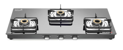 Sujata Gas Stove 3 Burner | Classic Gas Stove Manual Ignition | 9 Years Warranty | 3 Burner Gas Stove Glass Top | SABAF | ISI Certified | LPG & PNG Compatible With Jumbo Brass Burner (Black)