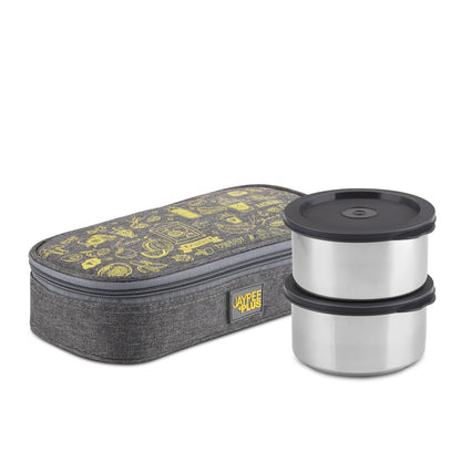 Jaypee Plus Magicseal Stainless Steel 2 Container Office Lunch Box 350 ml Each with Steel Dish & Insulated Washable Bag Spillproof Leakproof Lunch Box for Man & Women Airtight Tiffin Box,Grey