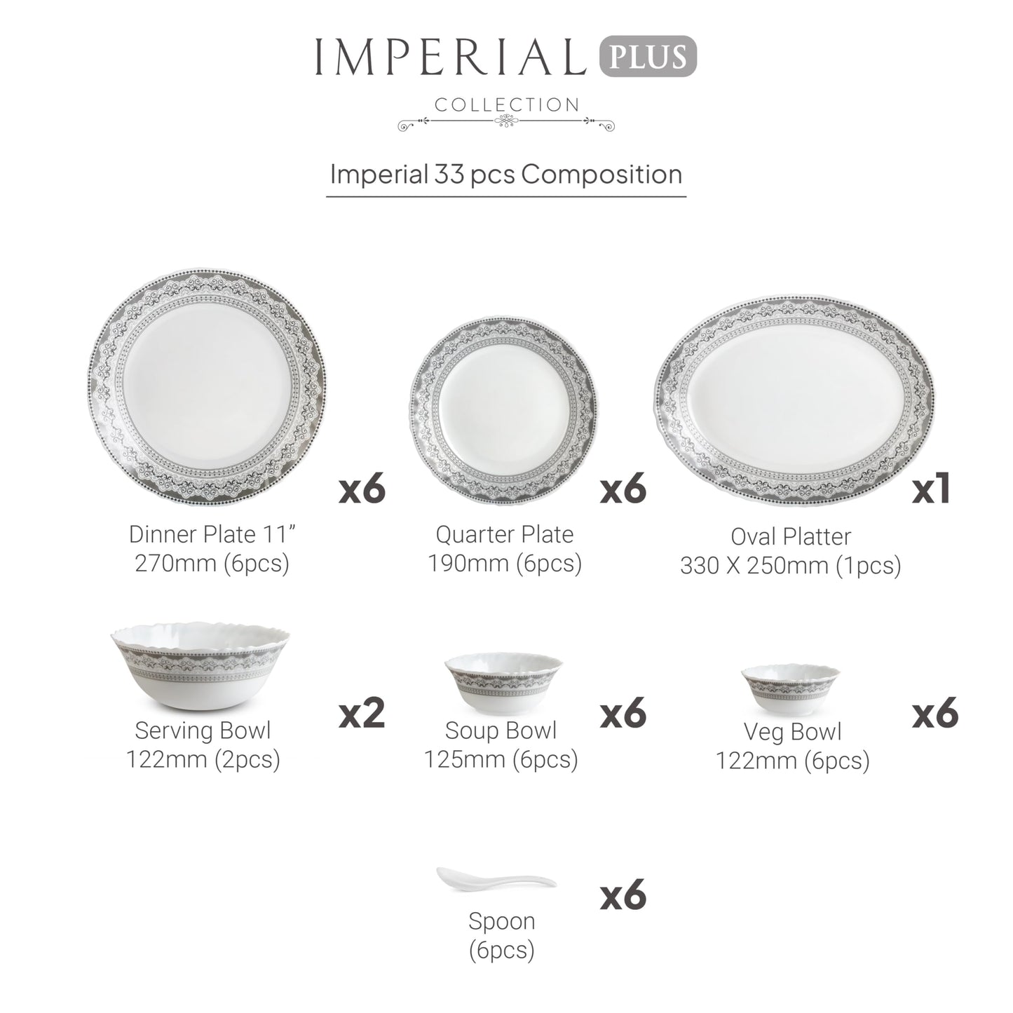 CELLO Oxford Imperial Plus Series Opalware Dinner Set of 33 Piece For Family of 6 | Bone-Ash Free & Leadfree Opal Glass Microwave & Dishwasher Safe, Crockery Plates & Bowls Set For Daily Use & Gifting