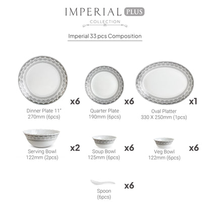 CELLO Oxford Imperial Plus Series Opalware Dinner Set of 33 Piece For Family of 6 | Bone-Ash Free & Leadfree Opal Glass Microwave & Dishwasher Safe, Crockery Plates & Bowls Set For Daily Use & Gifting
