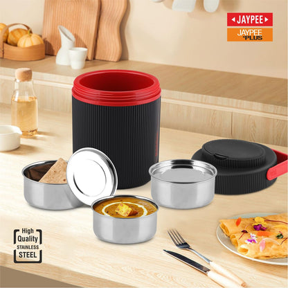 Jaypee Plus Ribbline Electric Lunch Box with 3 Stainless Steel Container (500 ml x3) Office Lunch Box for Men & Women with Spoon, 1 Small Box Leakproof Tiffin Box for Reheating Food,Black