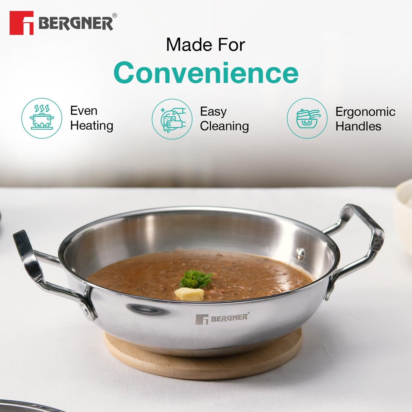 Bergner TriPro 3 Pcs Tri-Ply Stainless Steel Induction Bottom Cookware Set - 22cm (2L) Kadai and 22cm (1L) Frypan, 14cm (1.1L) Teapan, Less Oil Use, Easy to Clean - Induction and Gas Stove Ready