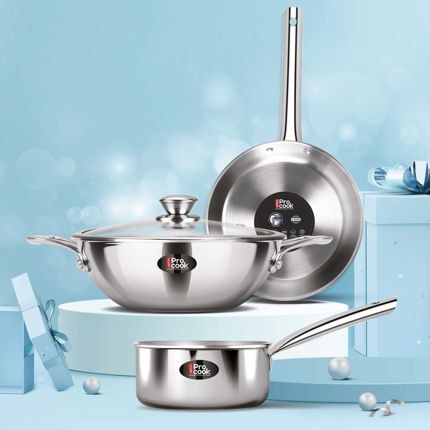 Milton Pro Cook Induction Cookware & Gas Stove Friendly Triply Stainless Steel 4Pc Cookware Set | Tea Pan 16 cm | Fry Pan 22 cm | Kadai with Glass Lid 24 cm | Even & Fast Cooking | 3 Years Warranty