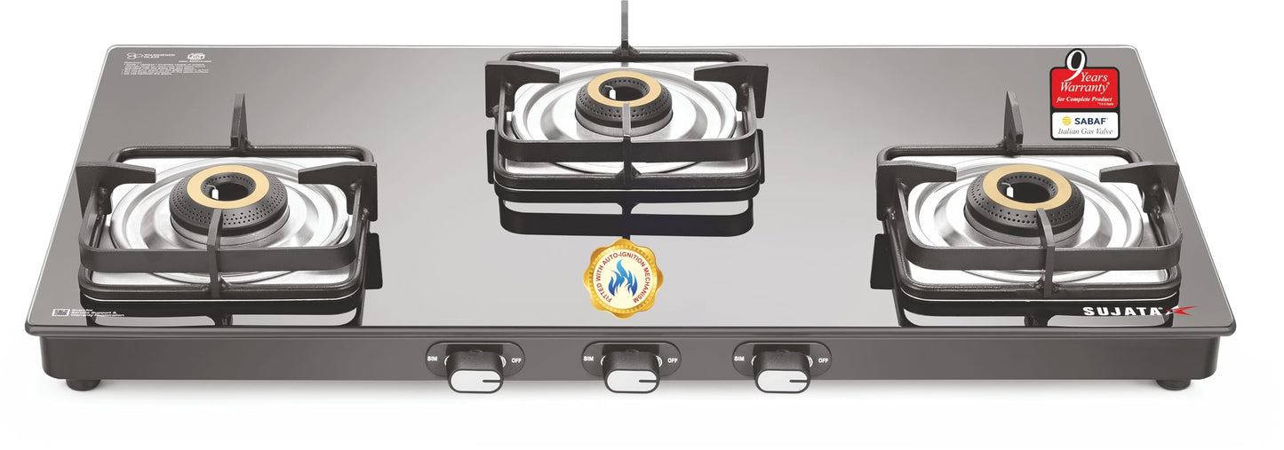 Sujata Gas Stove 3 Burner | Classic Gas Stove Manual Ignition | 9 Years Warranty | 3 Burner Gas Stove Glass Top | SABAF | ISI Certified | LPG & PNG Compatible With Jumbo Brass Burner (Black)