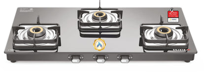 Sujata Gas Stove 3 Burner | Classic Gas Stove Manual Ignition | 9 Years Warranty | 3 Burner Gas Stove Glass Top | SABAF | ISI Certified | LPG & PNG Compatible With Jumbo Brass Burner (Black)