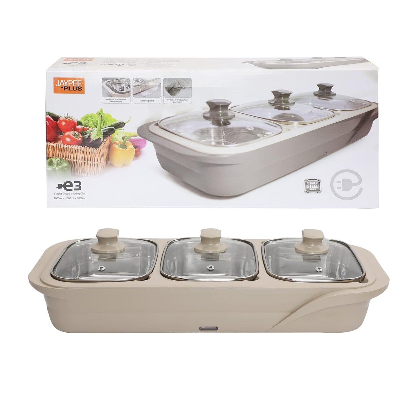 Jaypee Plus E-3 Bowl Electrical Serving Casserole Chafing Dish,1000ml Each |Stainless Steel 3 Dish Food Buffet Server |3 in 1 Electiric Bowl for Reheating Food, Beige