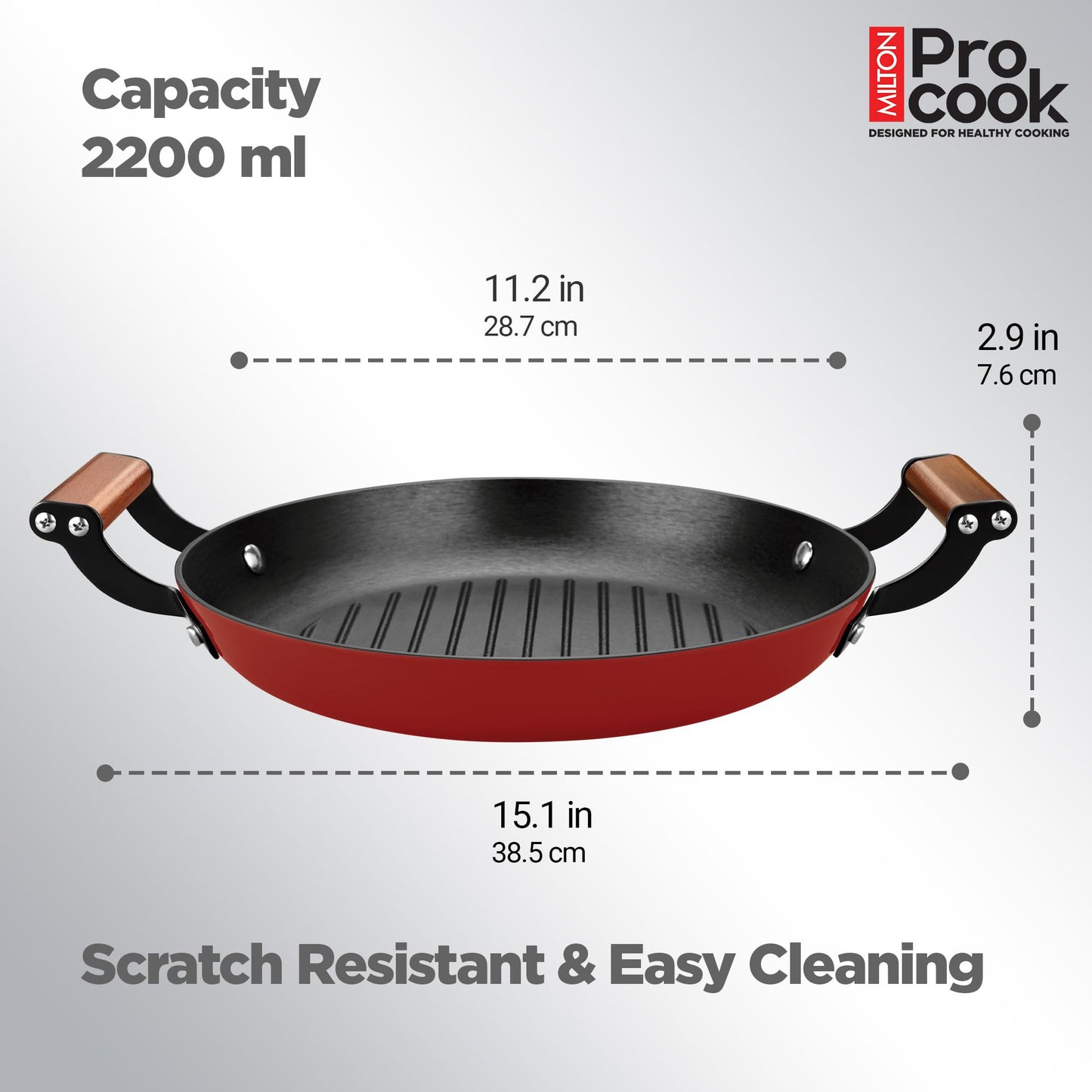 MILTON Pro cook Induction Cookware & Gas Stove Friendly Enameled Coating Grill Cooking Pan 28 cm | Rust Proof | No Seasoning Needed | Red