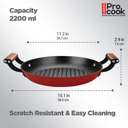 MILTON Pro cook Induction Cookware & Gas Stove Friendly Enameled Coating Grill Cooking Pan 28 cm | Rust Proof | No Seasoning Needed | Red