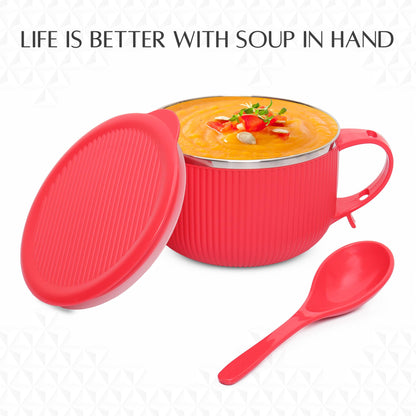 Jaypee Plus Stainless Steel Soup Bowl with Lid & Spoon Holder Souptok, Maggi Bowl Noodles Pasta Bowl, Mug for Milk, Best Diwali Gift, Mug for Kids, Girls, Boys, Birthday, Ivory 700 ml
