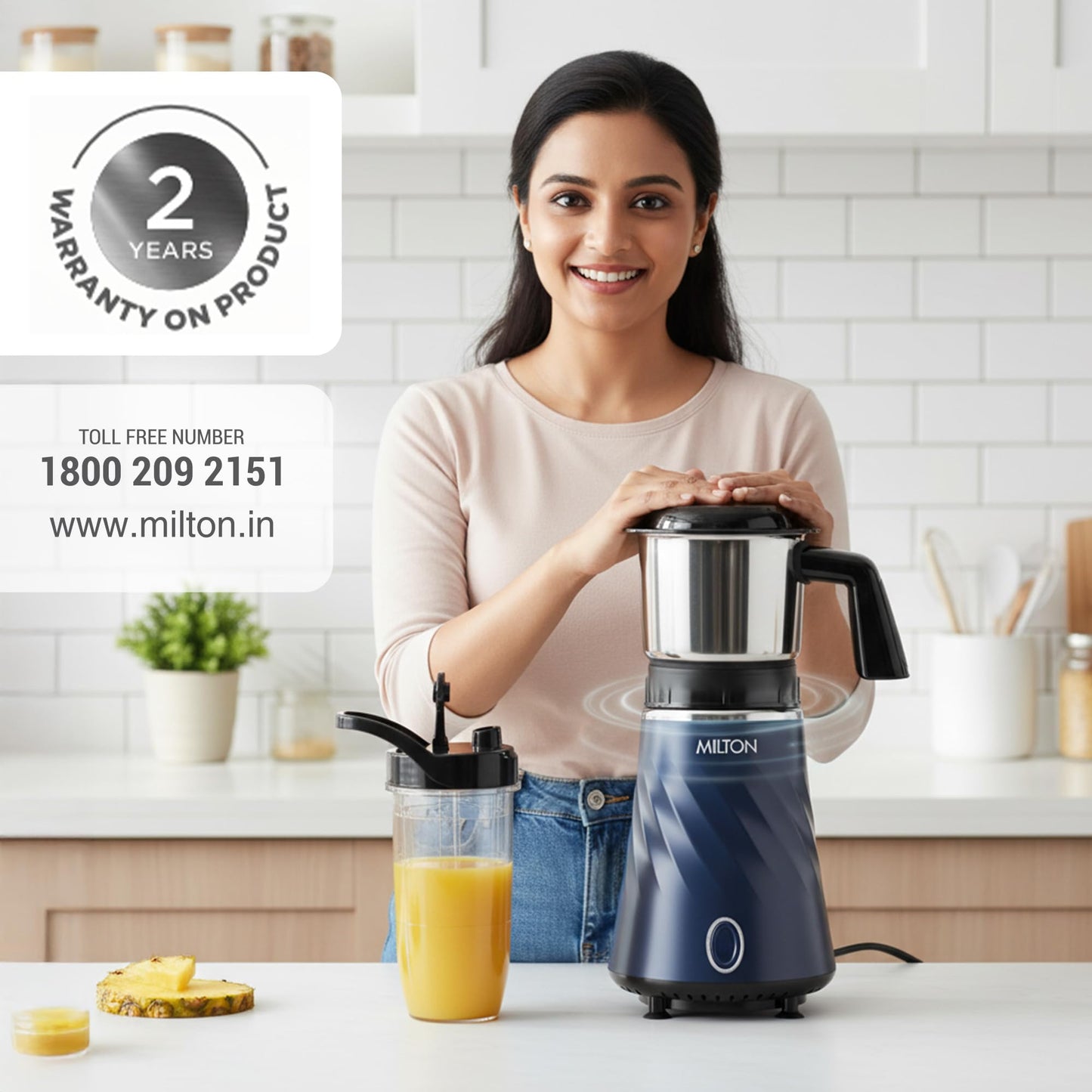 Milton Appliances Miniq Mini Bullet Mixer Grinder I ISI Certified I Smoothie Maker & Blender I SS Jar & On-the-Go Jar I Powerful HTLV 350W Motor | For Juices, Smoothies, Chutney, Dark Blue
