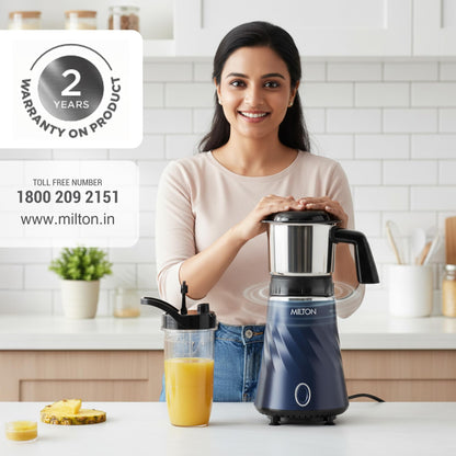 Milton Appliances Miniq Mini Bullet Mixer Grinder I ISI Certified I Smoothie Maker & Blender I SS Jar & On-the-Go Jar I Powerful HTLV 350W Motor | For Juices, Smoothies, Chutney, Dark Blue