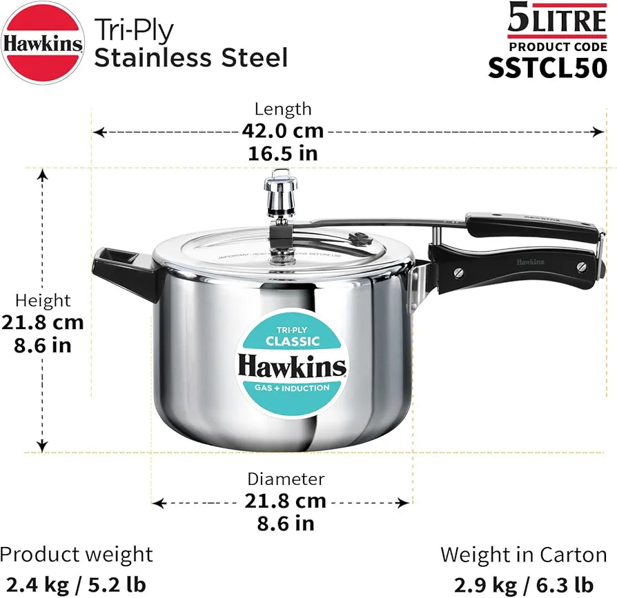 Hawkins Classic 5 Litre Tri-Ply Pressure Cooker, Triply Stainless Steel Inner Lid Cooker, Silver 