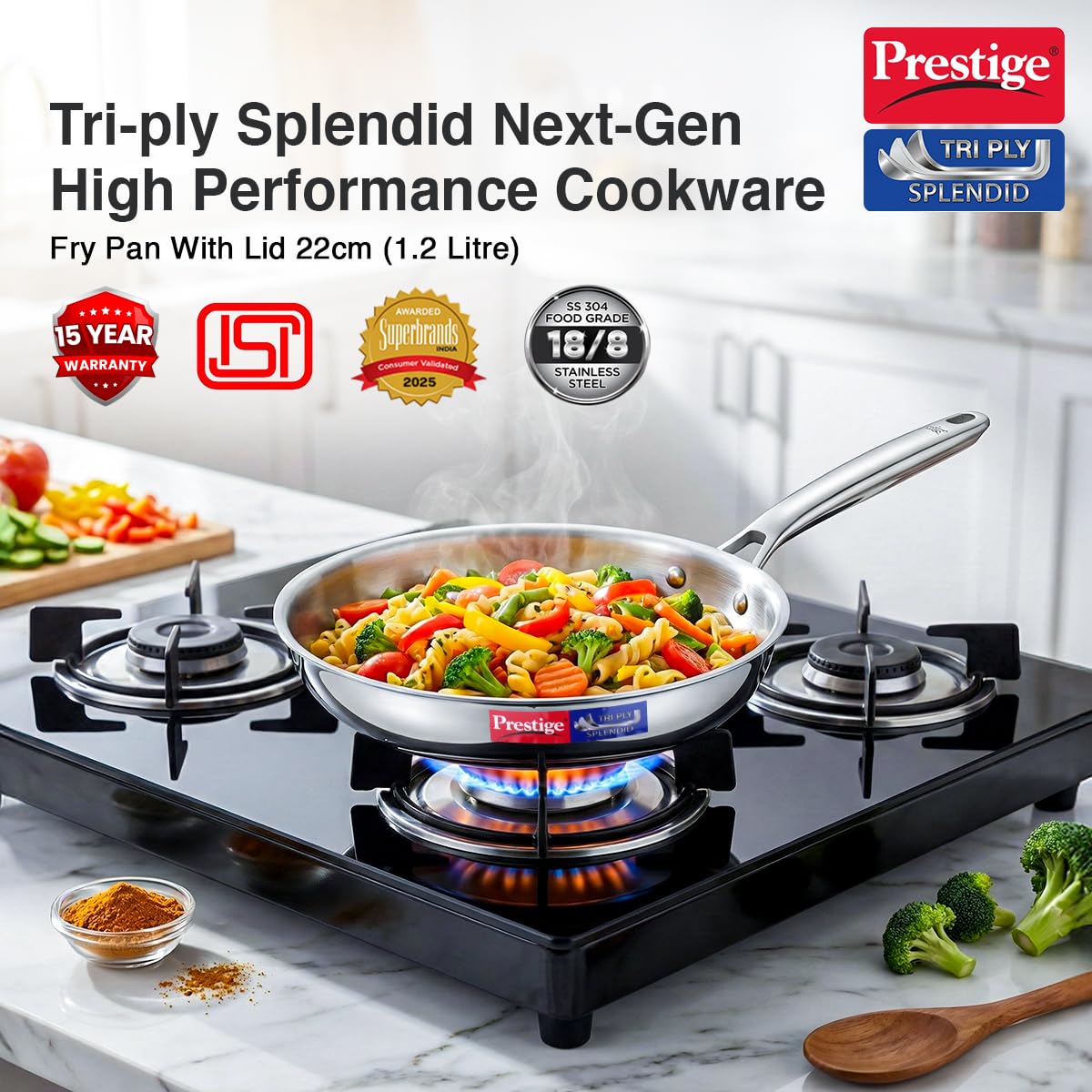 Prestige 22cm/1.2L Tri-Ply Stainless Steel Splendid Fry Pan| Gas and Induction Compatible |Even Heat Distribution| Thick Gauge Tri-Ply Body| 15 Year Warranty