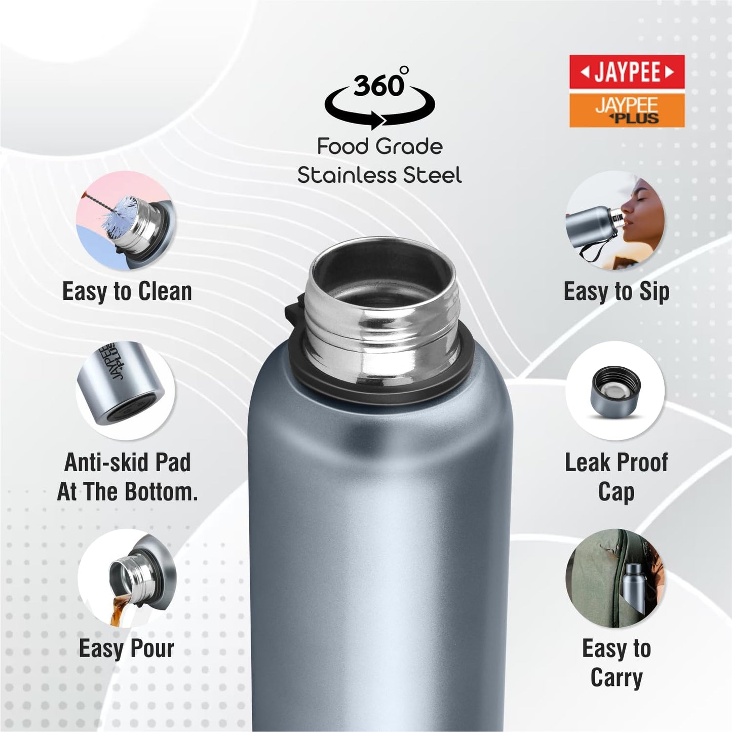 Jaypee Plus Alpha Vaccum Insulated Double Wall Thermosteel Flask 1000 ml Water Bottle ISI Certified 24 Hours Hot and Cold Water Bottle for School,Office,Gym, Leakproof, Rustproof Steel Bottle,Black