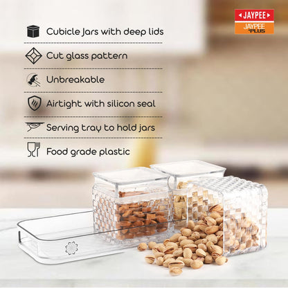 Jaypee Plus Krysta 3 Airtight Dry Fruit Container Set of 3 With Tray|Unique Design Leakproof Transparent Plastic Dry Food Box |Diwali Gift Pack |500 ml, Transparent
