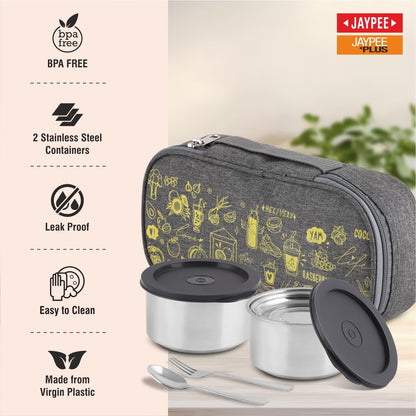 Jaypee Plus Magicseal Stainless Steel 2 Container Office Lunch Box 350 ml Each with Steel Dish & Insulated Washable Bag Spillproof Leakproof Lunch Box for Man & Women Airtight Tiffin Box,Grey