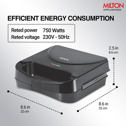 Milton Sandwich Maker HSM011, Sandwich Griller and Toaster, 750 Watt Sandwich Maker Electric Griller for Home, Non Stick Coated Dual Grill Sandwich Plates for Sandwiches, 2 Year Warranty, Black