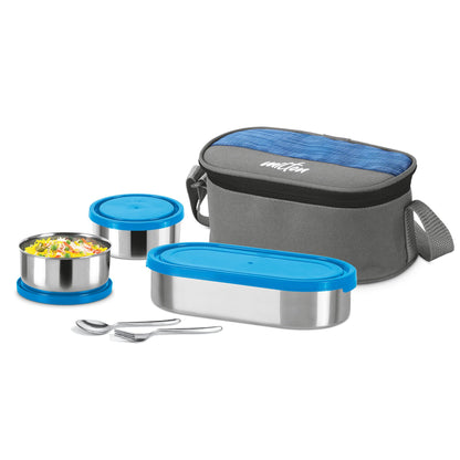 MILTON Master Lunch Max (3 Microwave Safe Inner Steel Containers,1 x 675 ml, 2 X 280 ml Each) with Insulated Fabric Jacket, Blue | Lunch Box | Light Weight | Leak Proof | Easy to Carry | Food Grade