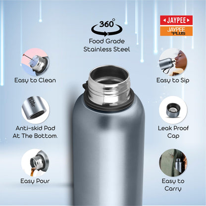 Jaypee Plus Alpha Vaccum Insulated Double Wall Thermosteel Flask 1000 ml Water Bottle ISI Certified 24 Hours Hot and Cold Water Bottle for School,Office,Gym, Leakproof, Rustproof Steel Bottle,Black