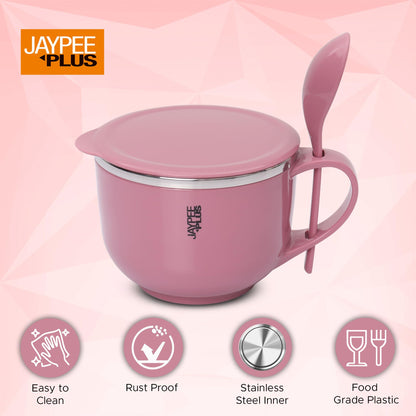 Jaypee Plus Stainless Steel Soup Bowl with Lid & Spoon Holder Souptok, Maggi Bowl Noodles Pasta Bowl, Mug for Milk, Best Diwali Gift, Mug for Kids, Girls, Boys, Birthday, Ivory 700 ml