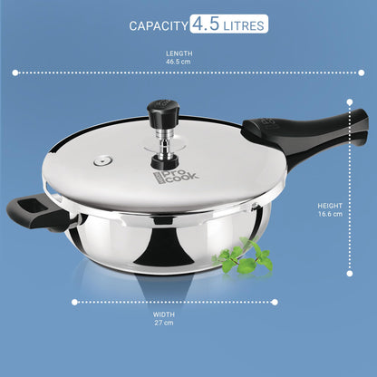Milton Pro Cook Induction Cookware & Gas Stove Friendly Triply Stainless Steel Pressure Cooker 4.5 Litre | Outer Lid | Deep Fry Pan | ISI Certified | 100% Toxin-Free | Durable | 5Y Warranty | Silver