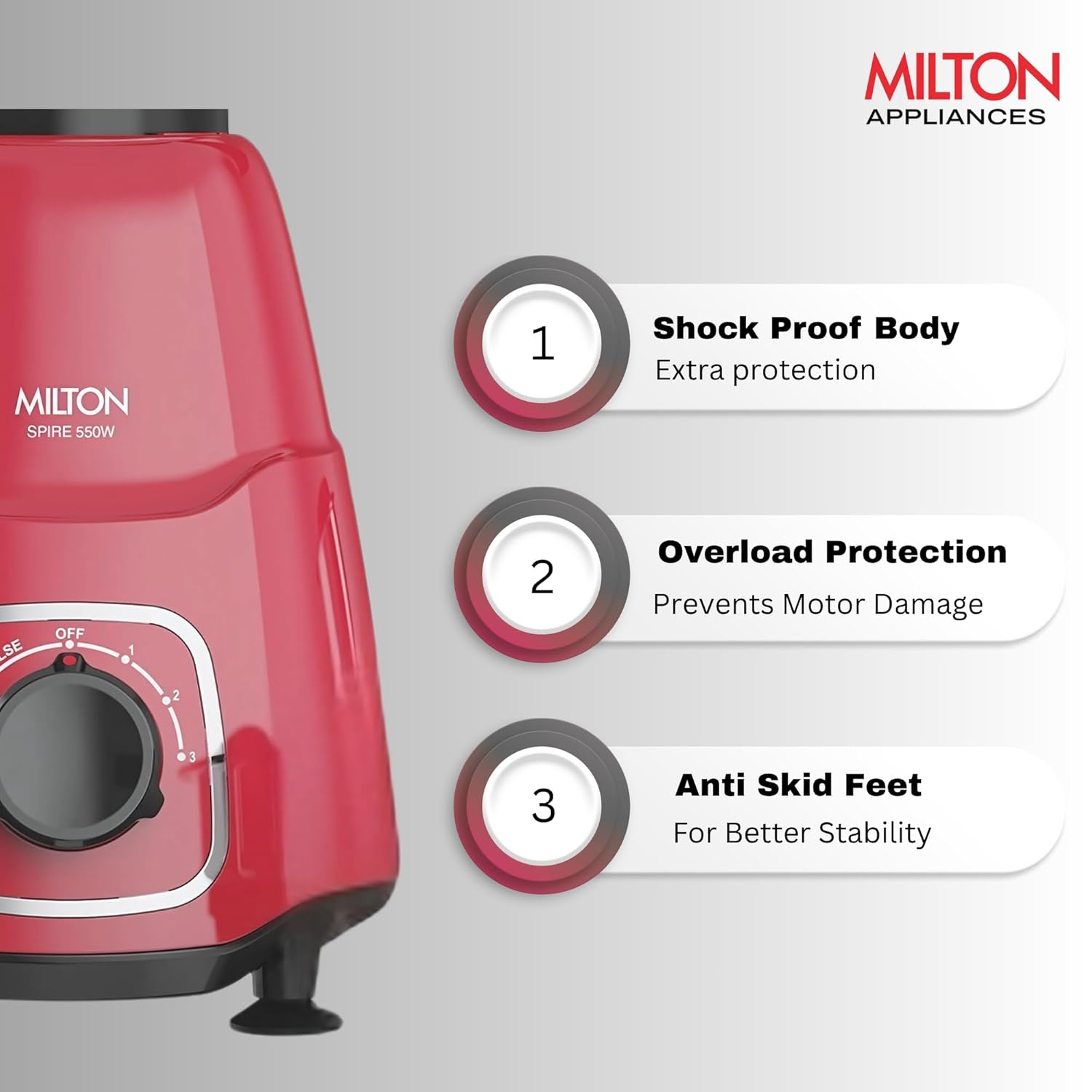 Milton Spire Mixer Grinder, ISI Certified, Grindstone Blade Technology, 3 Jar, 550 W (21000 RPM), 5 yr motor warranty, 2 yr product warranty I Red