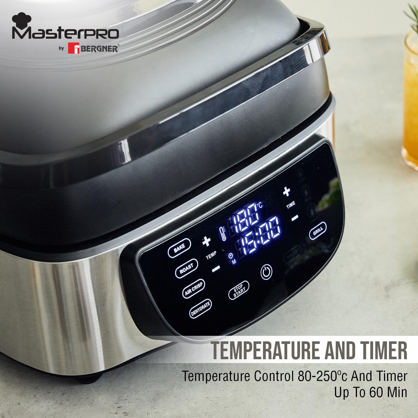 BERGNER Masterpro Indoor Electric Smokeless Grill,7 liter,1800 Watt,Digital Led Display And Multi Touch Panel,5 In 1 Function Grill,Bake,Roast,Dehydrate,Air Fry With Cyclonic Air Technology,Silver
