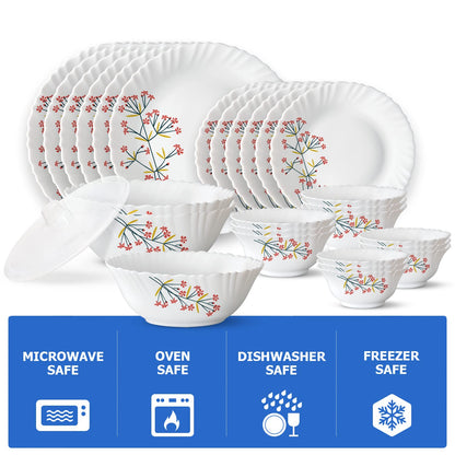 Larah by Borosil Red Bud Silk Series Opalware Dinner Set | 35 Pieces for Family of 6 | Microwave & Dishwasher Safe | Bone-Ash Free | Crockery Set for Dining & Gifting | Plates & Bowls | White,Floral