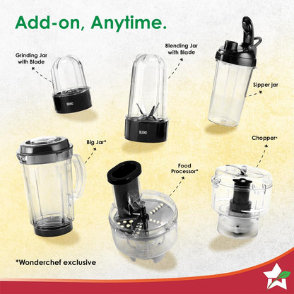 Wonderchef Nutri-blend 500W Mixer Grinder, 22000 RPM Motor, Smoothie Maker, Masala Grinder, Chutney Blender, 3 Unbreakable Jars & Sipper Jar, Recipe Book by Chef Sanjeev Kapoor, 2 Yr Warranty, Black