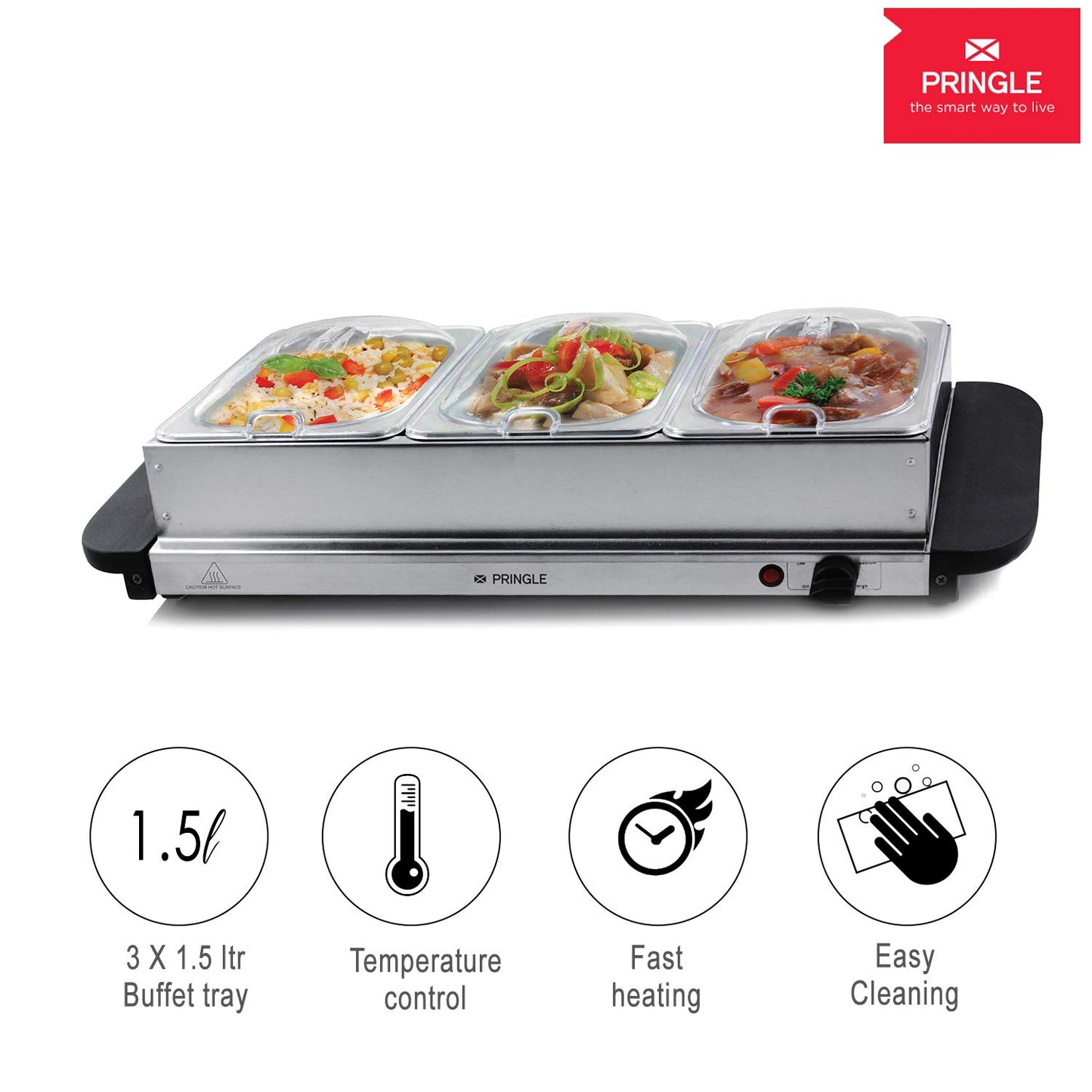 Pringle FW1803 4.5 Litre Electric Food Warmer Cum Buffet Server with 3 Pans (3x1.5 L, Silver) (4.5L Food Warmer)