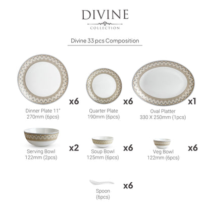 Cello Opalware Divine Series Trinity 33 Pieces Dinner Set | Opal Glass Crockery for 6 | Bone Ash-Free, Lightweight, Elegant White Plate & Bowl Set |Opalglass Dinner Set for Daily Use & Gifting