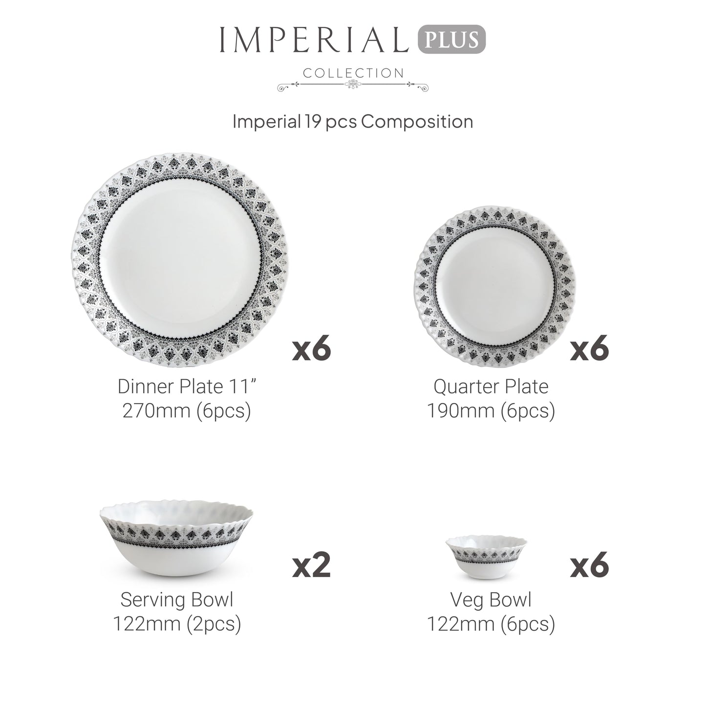 CELLO Damask Imperial Plus Series Opalware Dinner Set of 19 Pieces For Family of 6 | Bone-Ash Free & Leadfree Opal Glass Microwave & Dishwasher Safe Crockery Plates & Bowls Set For Daily Use & Gifting