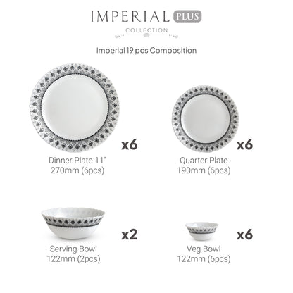 CELLO Damask Imperial Plus Series Opalware Dinner Set of 19 Pieces For Family of 6 | Bone-Ash Free & Leadfree Opal Glass Microwave & Dishwasher Safe Crockery Plates & Bowls Set For Daily Use & Gifting