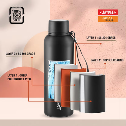 Jaypee Plus Alpha Vaccum Insulated Double Wall Thermosteel Flask 1000 ml Water Bottle ISI Certified 24 Hours Hot and Cold Water Bottle for School,Office,Gym, Leakproof, Rustproof Steel Bottle,Black