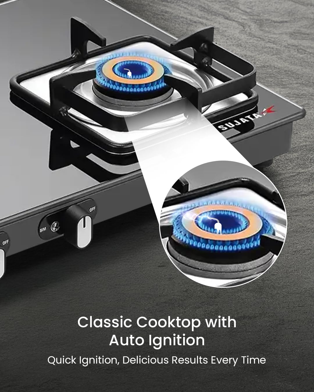 Sujata Gas stove 2 Burners Glass Top | Classic Gas stove Auto Ignition | 9 Years Warranty | 2 Burner Gas Stove | ISI Certified | LPG & PNG Compatible, Brass Burner (Black)