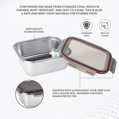 MILTON New Modulo Steel Square 1500 Container with lock lid|Airtight & Leakproof|Microwave & Oven safe| Light Weight | School, Office or Picnic use, 1440 ml, Silver