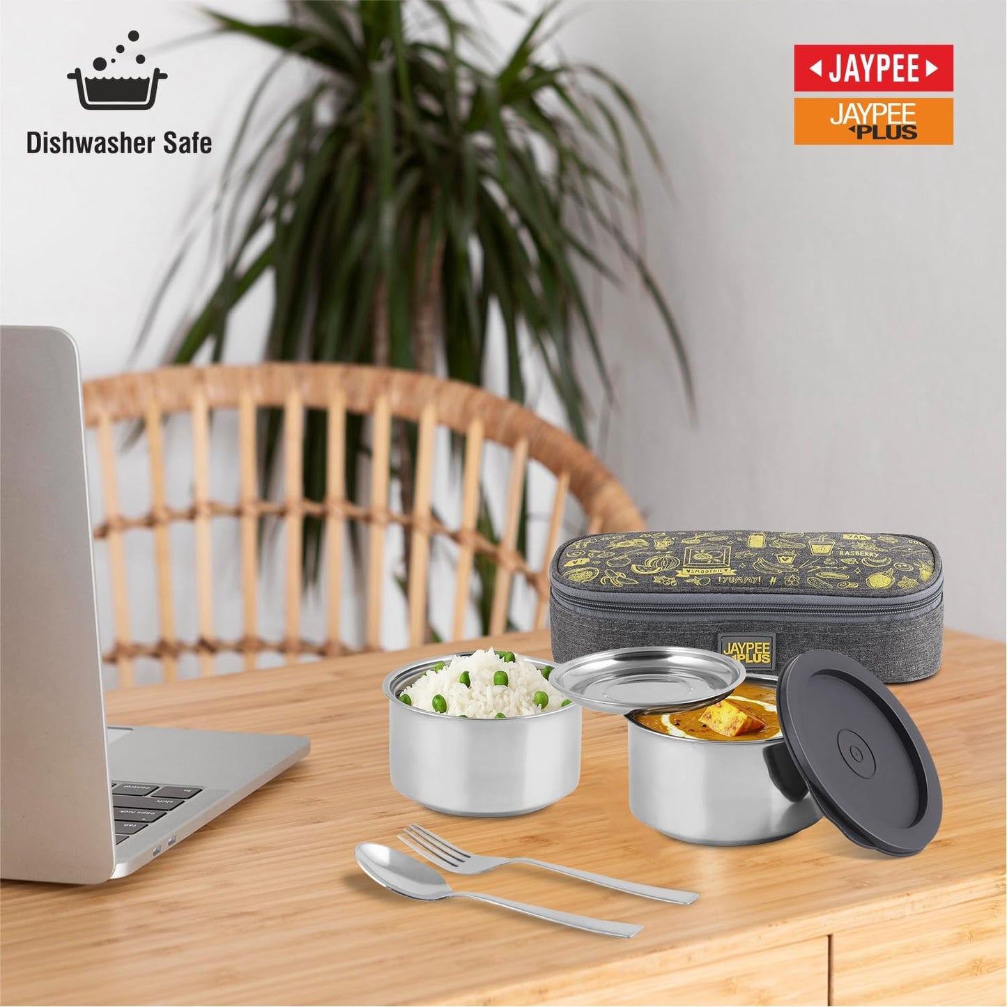 Jaypee Plus Magicseal Stainless Steel 2 Container Office Lunch Box 350 ml Each with Steel Dish & Insulated Washable Bag Spillproof Leakproof Lunch Box for Man & Women Airtight Tiffin Box,Grey
