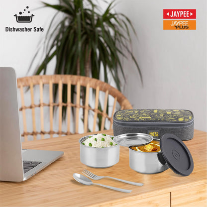 Jaypee Plus Magicseal Stainless Steel 2 Container Office Lunch Box 350 ml Each with Steel Dish & Insulated Washable Bag Spillproof Leakproof Lunch Box for Man & Women Airtight Tiffin Box,Grey