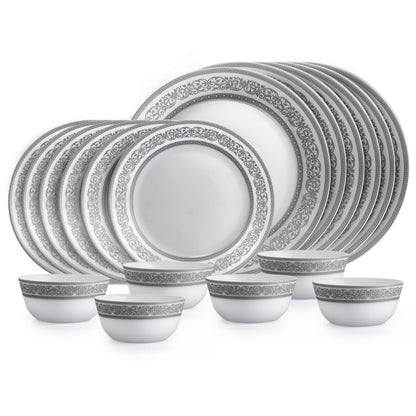 CELLO Argento Solitaire Series Opalware Dinner Set of 18 Pieces for Family of 6 | Bone-Ash Free & Leadfree Opal Glass Microwave & Dishwasher Safe, Crockery Plates & Bowls Set for Daily Use & Gifting