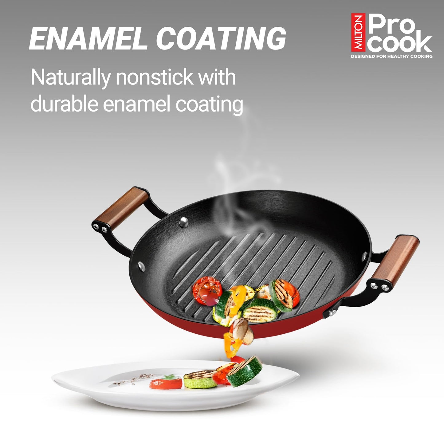 MILTON Pro cook Induction Cookware & Gas Stove Friendly Enameled Coating Grill Cooking Pan 28 cm | Rust Proof | No Seasoning Needed | Red