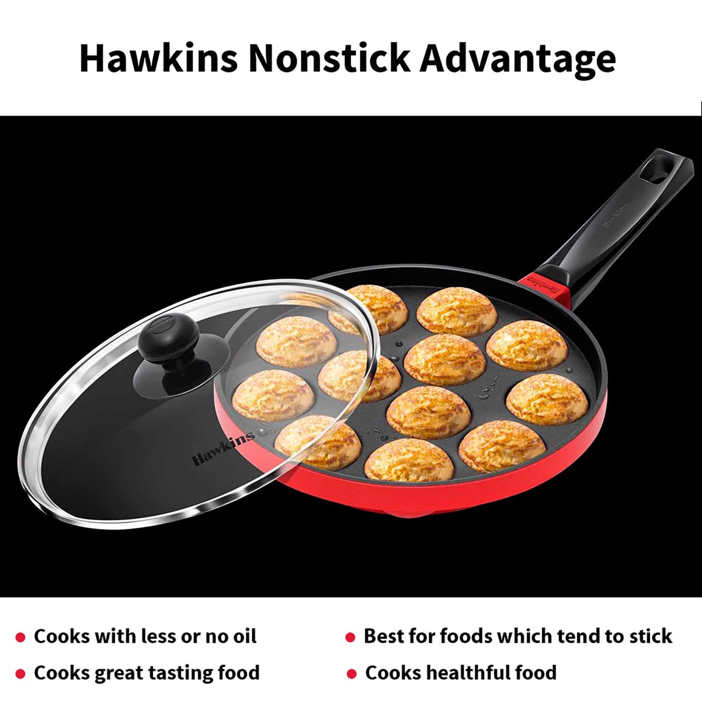 Hawkins Nonstick Appe Pan with Glass Lid, 12 Cups, Diameter 20 cm, Black , Cast Aluminium, Red (NAPE20G)