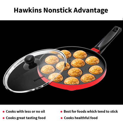 Hawkins Nonstick Appe Pan with Glass Lid, 12 Cups, Diameter 20 cm, Black , Cast Aluminium, Red (NAPE20G)