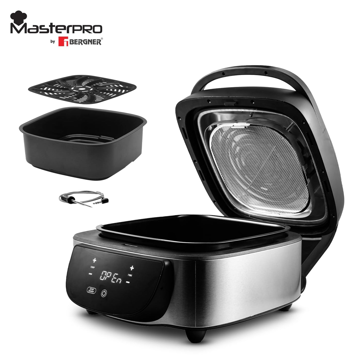 BERGNER Masterpro Indoor Electric Smokeless Grill,7 liter,1800 Watt,Digital Led Display And Multi Touch Panel,5 In 1 Function Grill,Bake,Roast,Dehydrate,Air Fry With Cyclonic Air Technology,Silver