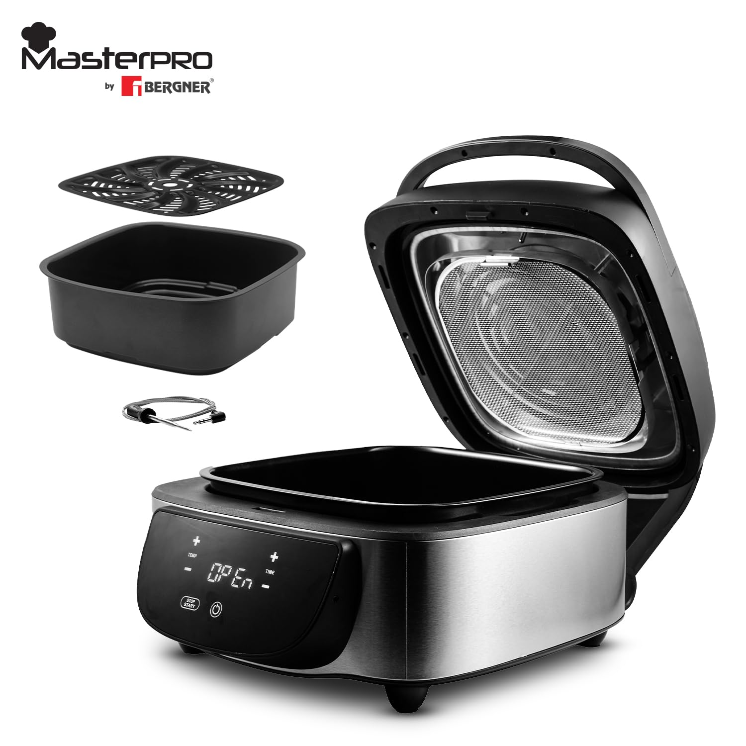BERGNER Masterpro Indoor Electric Smokeless Grill,7 liter,1800 Watt,Digital Led Display And Multi Touch Panel,5 In 1 Function Grill,Bake,Roast,Dehydrate,Air Fry With Cyclonic Air Technology,Silver