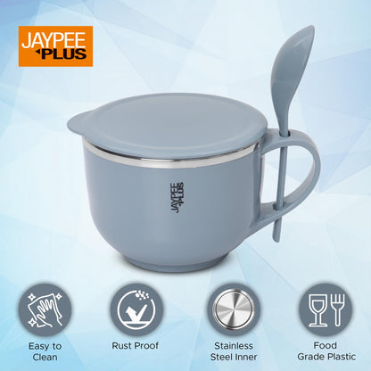 Jaypee Plus Stainless Steel Soup Bowl with Lid & Spoon Holder Souptok, Maggi Bowl Noodles Pasta Bowl, Mug for Milk, Best Diwali Gift, Mug for Kids, Girls, Boys, Birthday, Ivory 700 ml
